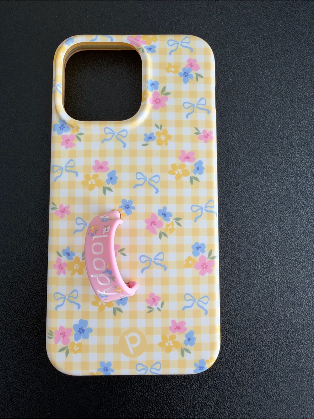Yellow Gingham Floral iPhone 15 max pro loopy Case with Pink Grip